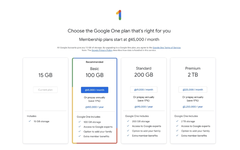 cái gói dịch vụ google one